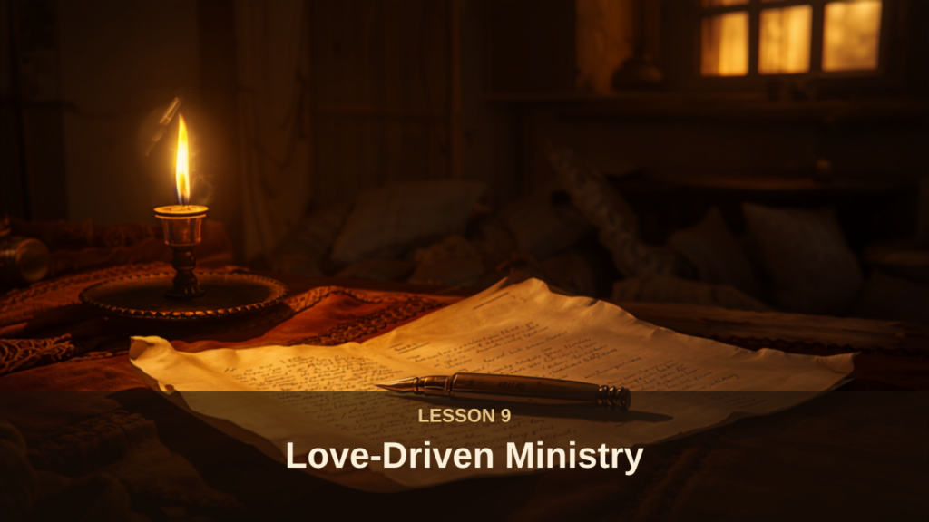 A lit oil lamp beside a handwritten letter on parchment in a warm, candlelit first-century room, with the title "Lesson 9: Love-Driven Ministry"