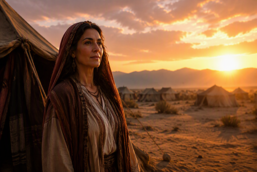A woman in ancient dress stands before a wilderness tent at sunrise, looking out over a desert camp of tents