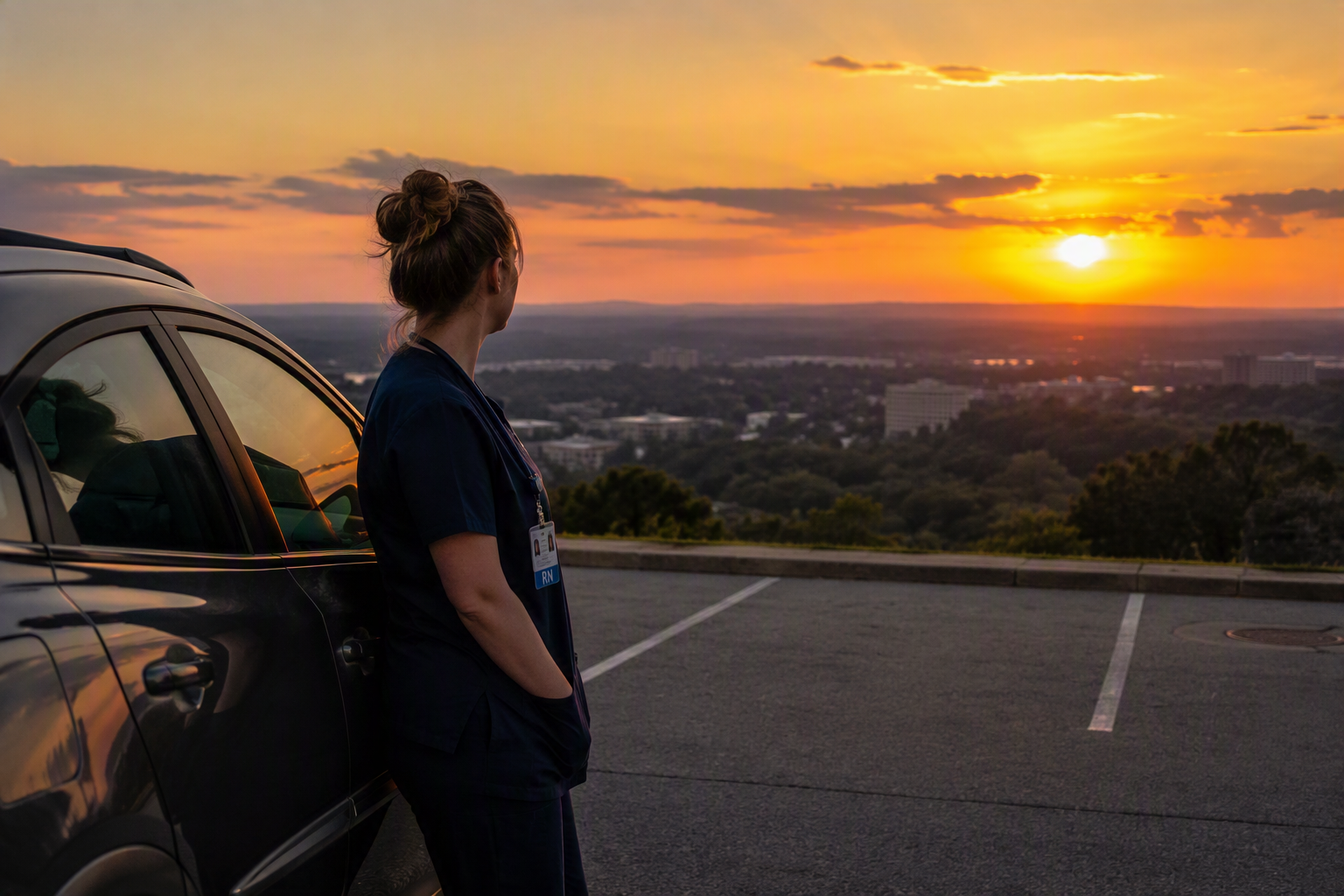 A nurse in scrubs at the end of her shift, looking out at the sunset