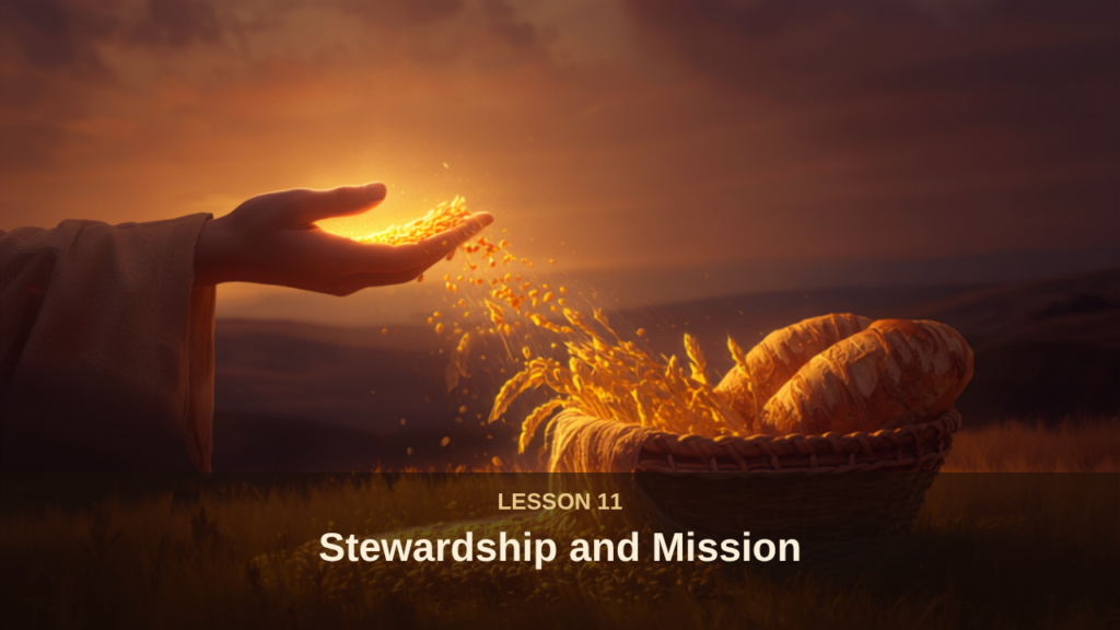 A hand releasing golden grain toward a basket of bread at dusk, evoking Biblical stewardship and generosity