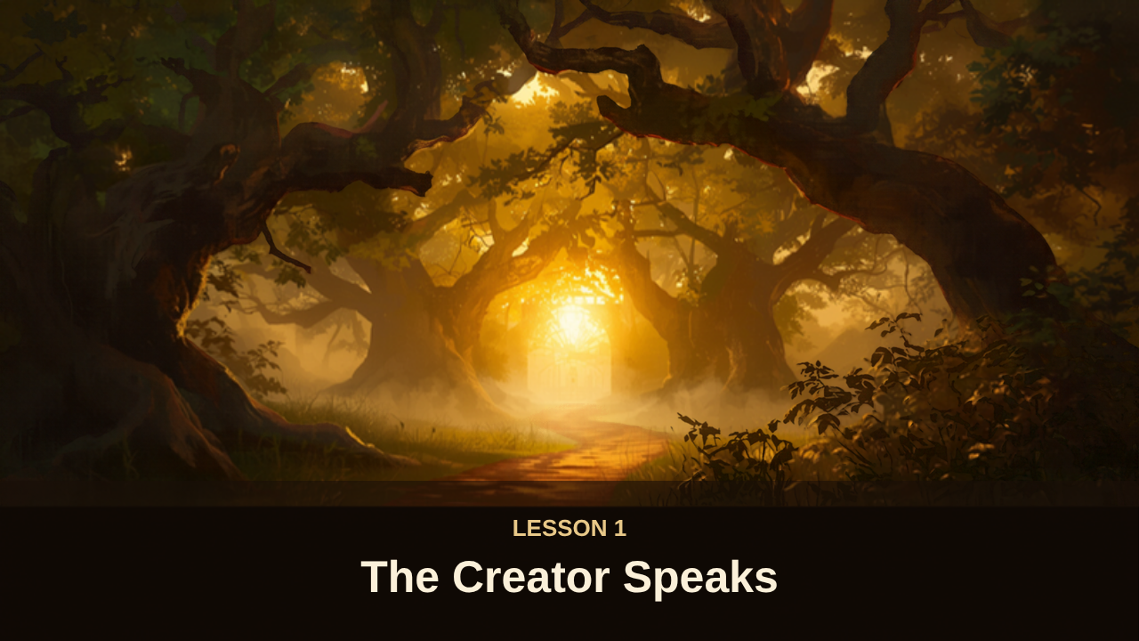 Golden light shining through ancient trees along a garden path, evoking Eden - Lesson 1: The Creator Speaks