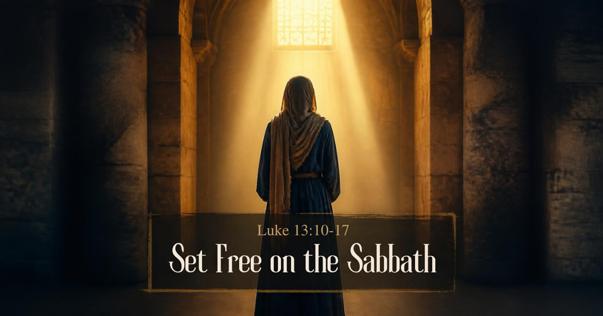 A woman standing upright in golden light inside an ancient stone synagogue - Set Free on the Sabbath, Luke 13:10-17