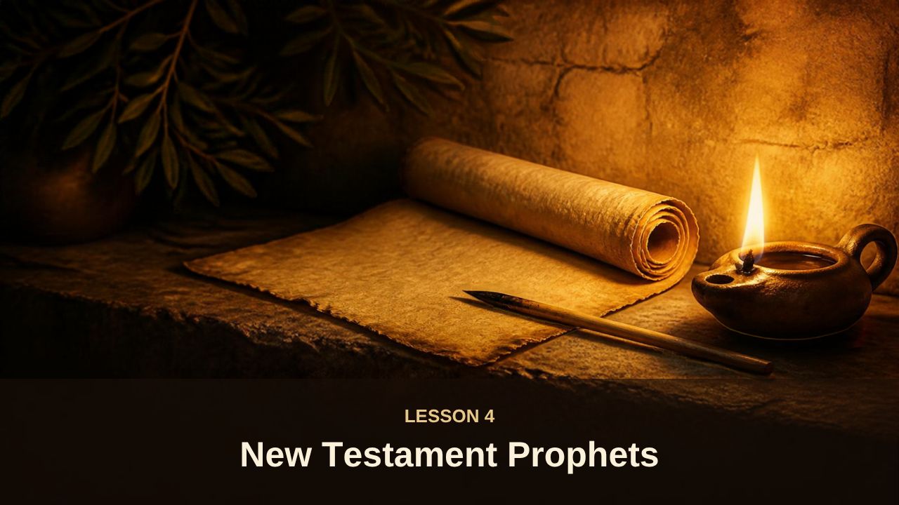 A warm, candlelit first-century scene with an unrolled papyrus scroll, a reed pen, and a small oil lamp casting golden light across a stone table, illustrating Lesson 4: New Testament Prophets