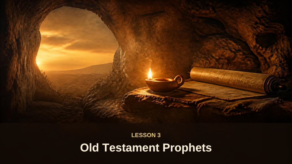 Lesson 3: Old Testament Prophets - a cave at dusk with an oil lamp and ancient scroll